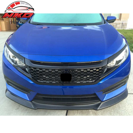 Fits 16-18 Honda Civic IKON GT Style Front Bumper Lip PU + Front Hood Grille ABS