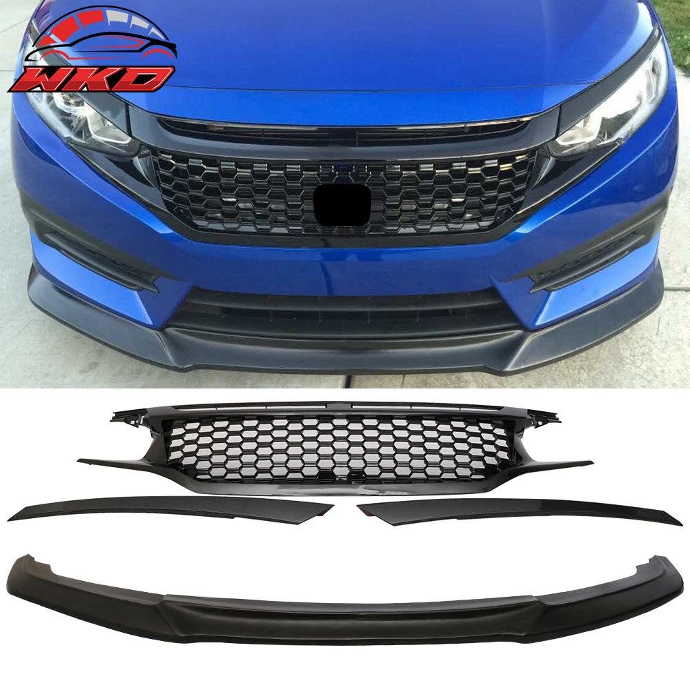 Fits 16-18 Honda Civic IKON GT Style Front Bumper Lip PU + Front Hood Grille ABS