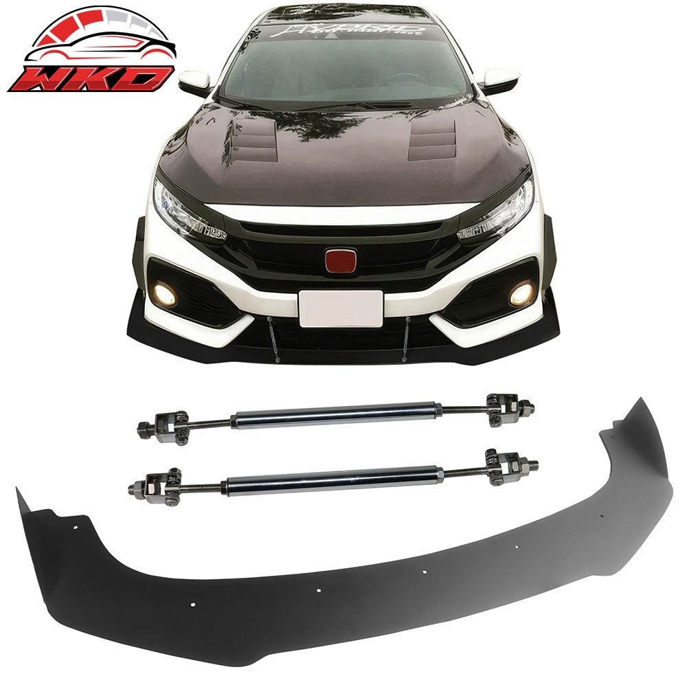 Fits 17-21 Honda Civic Hatchback AF Style Front Bumper Lip + Gunmetal Strut Rods
