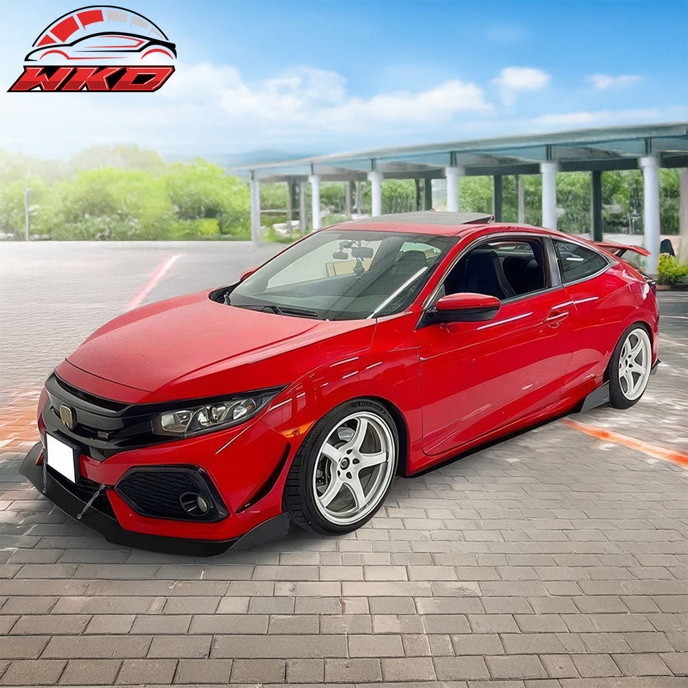 Fits 17-21 Honda Civic Hatchback AF Style Front Bumper Lip + Gunmetal Strut Rods