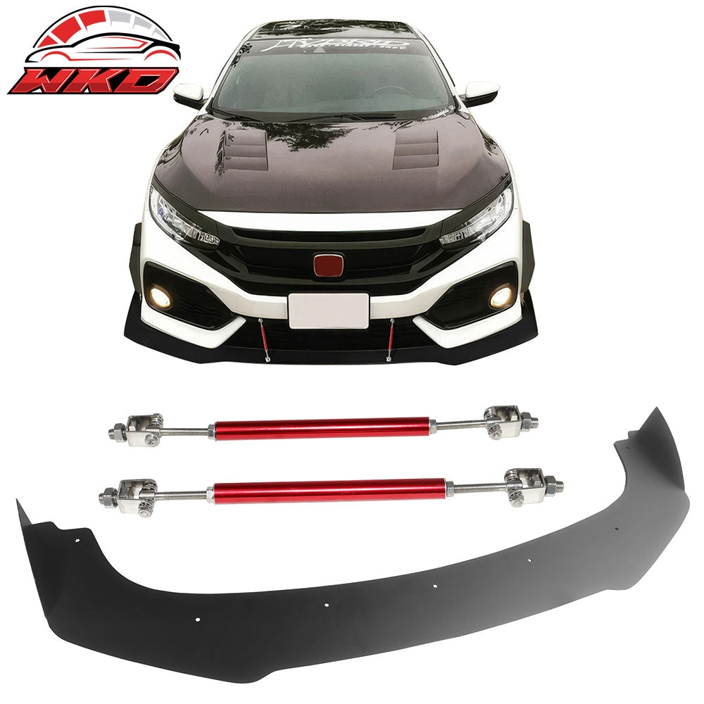 Fits 17-21 Honda Civic Hatchback Si AF Style Front Bumper Lip + Red Strut Rods
