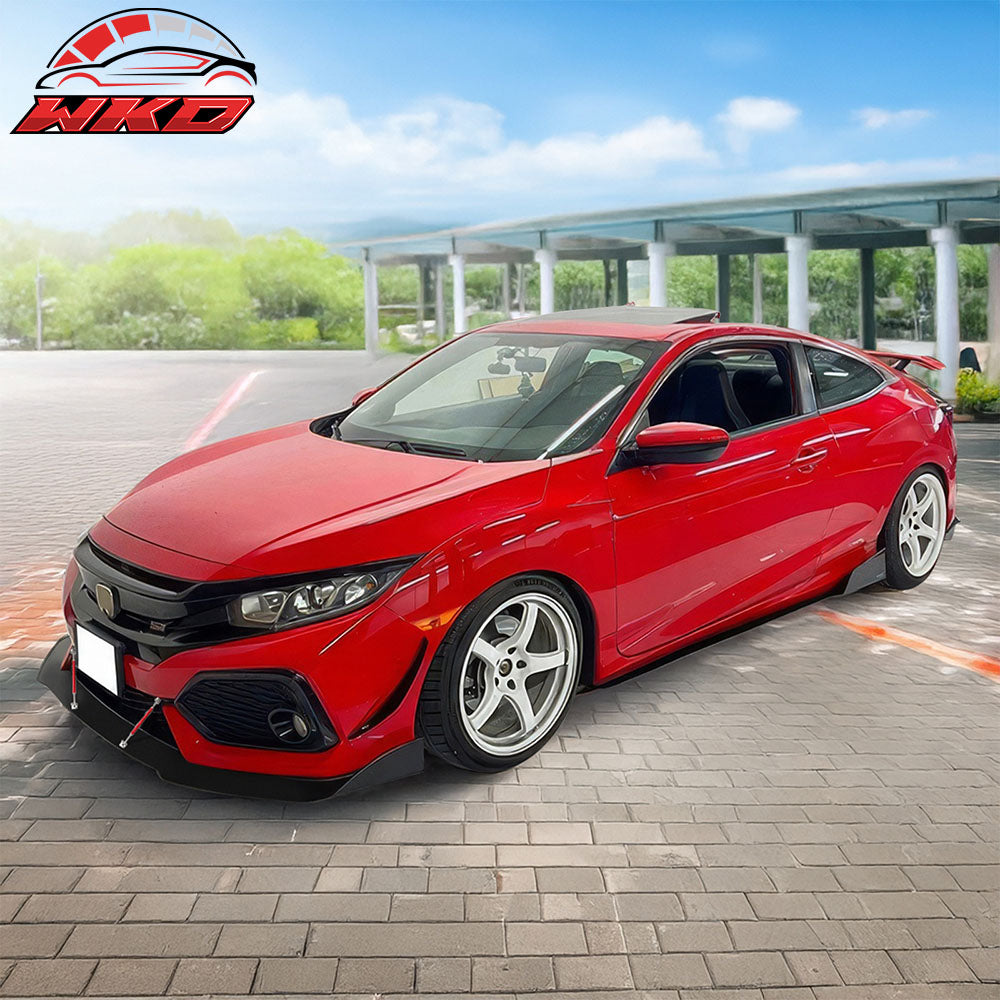 Fits 17-21 Honda Civic Hatchback Si AF Style Front Bumper Lip + Red Strut Rods