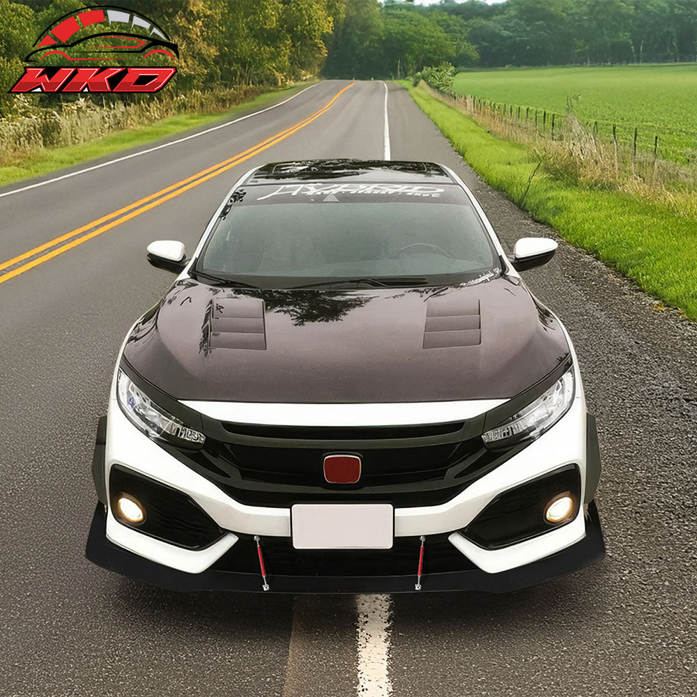 Fits 17-21 Honda Civic Hatchback Si AF Style Front Bumper Lip + Red Strut Rods