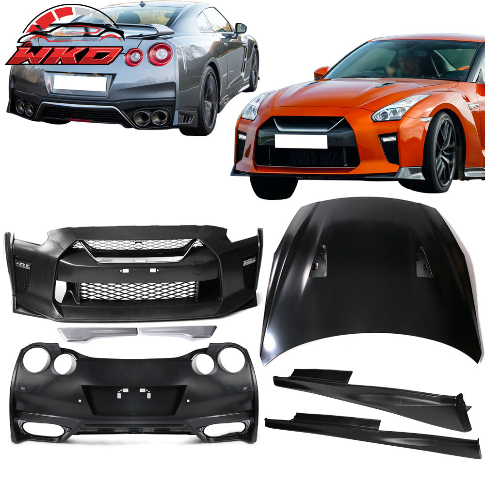 Fits 09-24 Nissan R35 GT-R Front + Rear Bumper Cover + Hood + 2PC Side Skirts PP