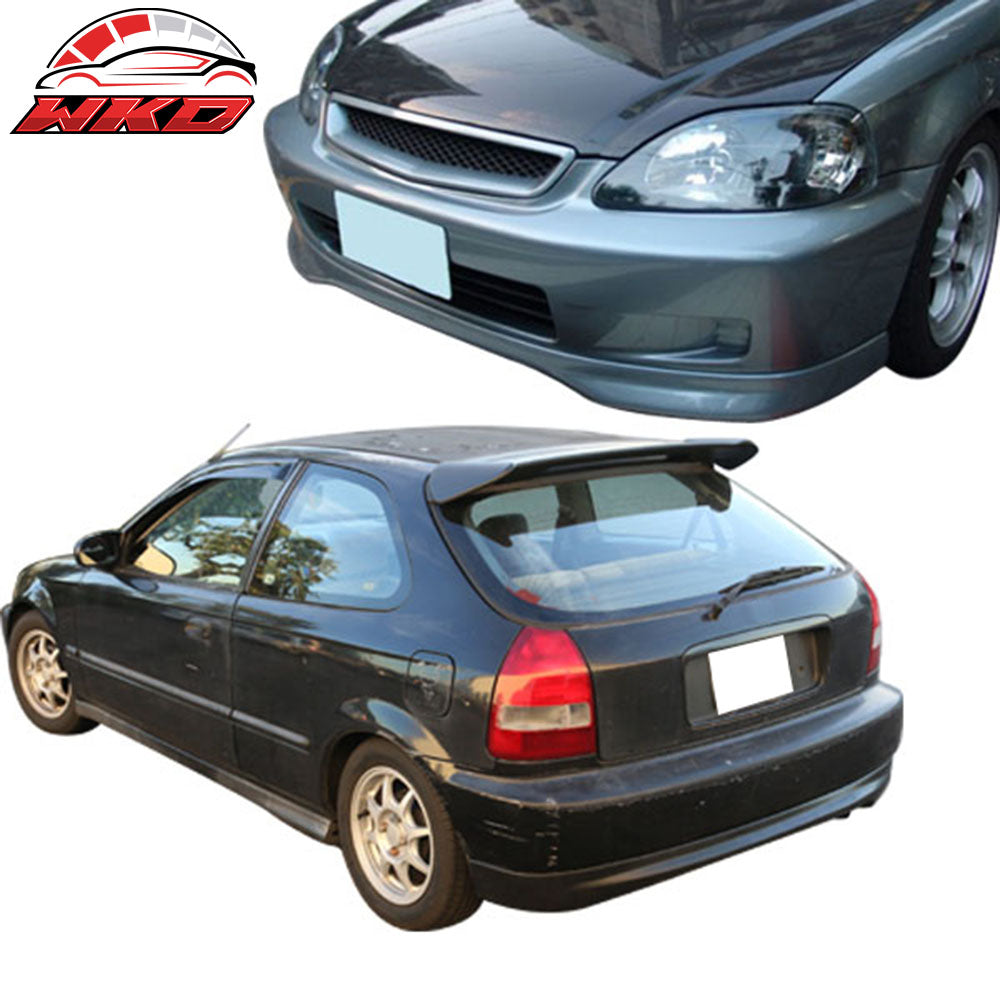 Fits 99-00 Honda Civic EK Front + Rear Bumper Lip Spoiler Unpainted Black PP