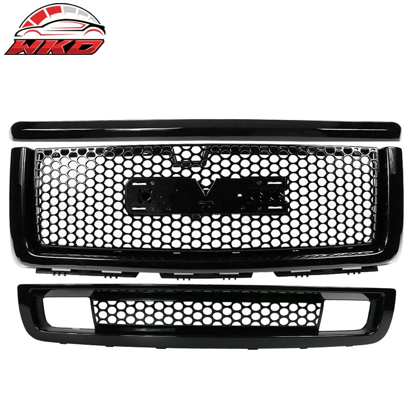 Fits 07-13 GMC Sierra 1500 Denali Hood Molding + Upper + Lower Grill Gloss Black