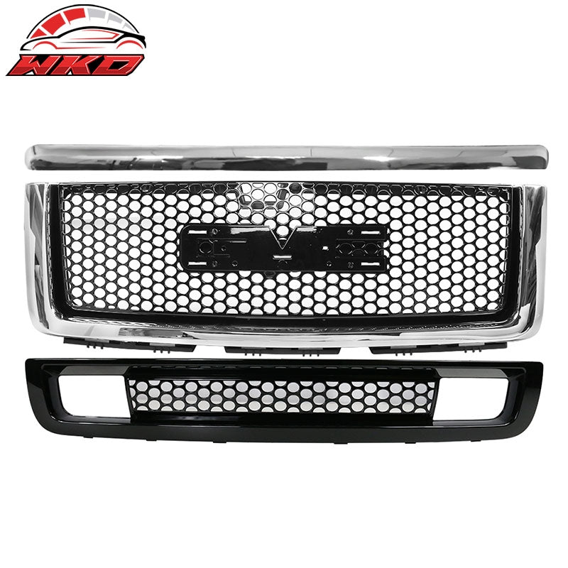 Wholesale 07-13 GMC Sierra 1500 Front Upper + Lower Grille + Hood Molding Gloss Black