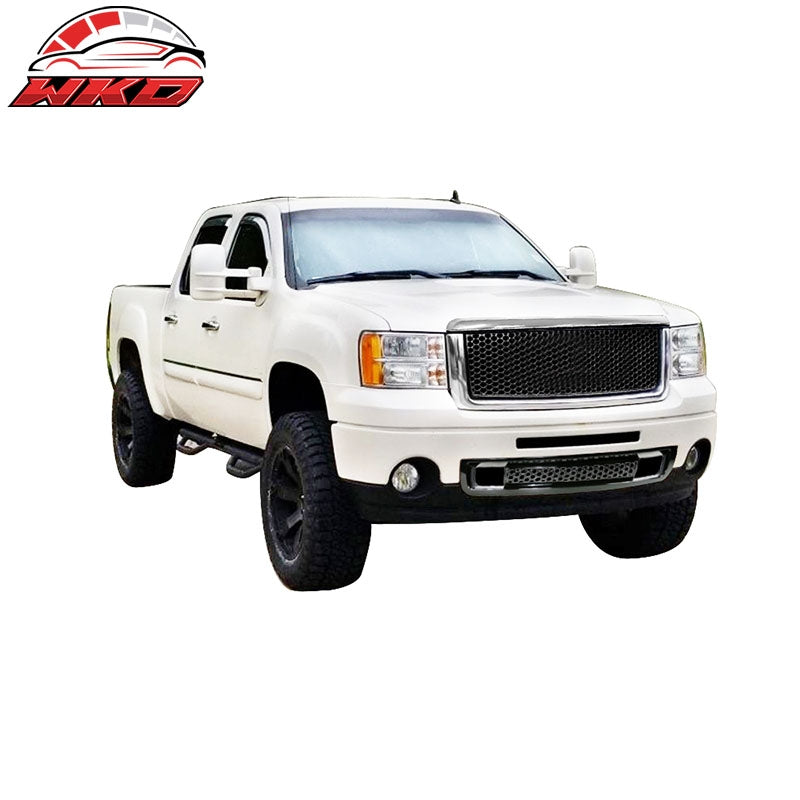 Fits 07-13 GMC Sierra 1500 Front Upper + Lower Grille + Hood Molding Gloss Black