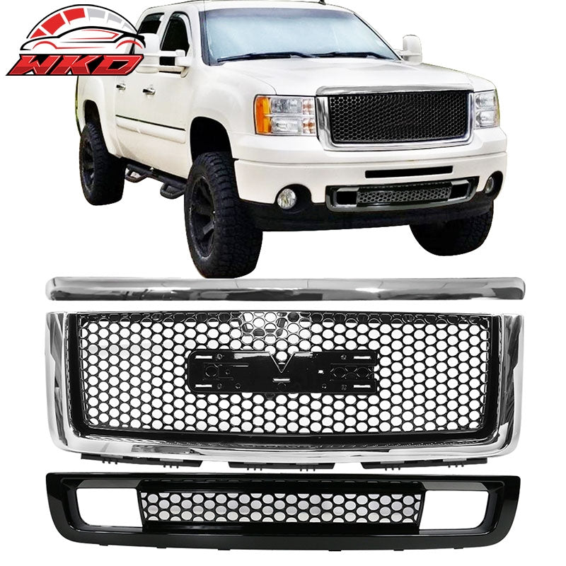 Fits 07-13 GMC Sierra 1500 Front Upper + Lower Grille + Hood Molding Gloss Black