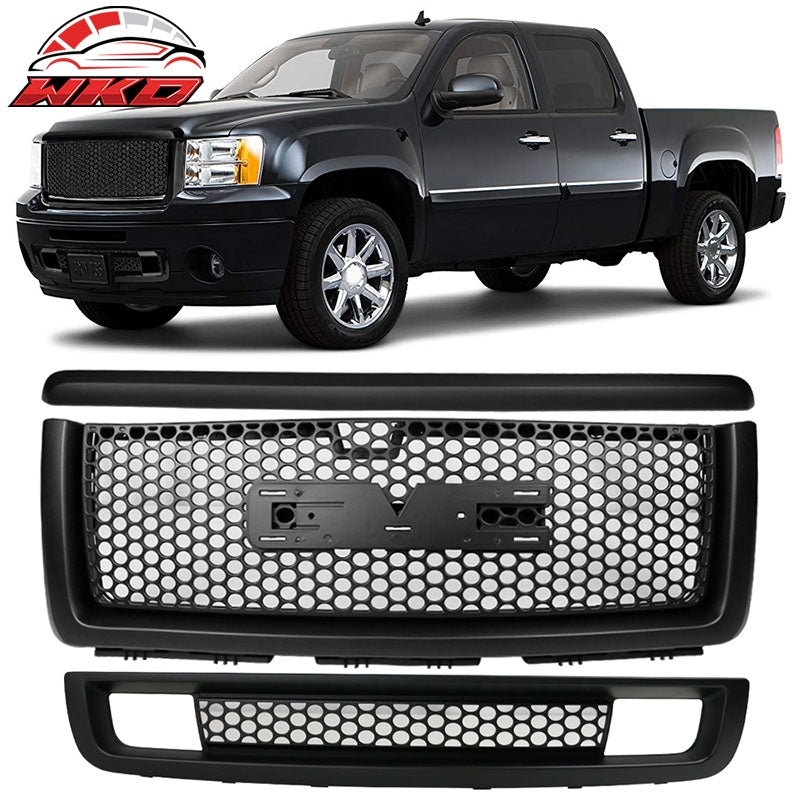 Fits 07-13 GMC Sierra 1500 Front Hood Molding + Upper + Lower Grill Matte Black