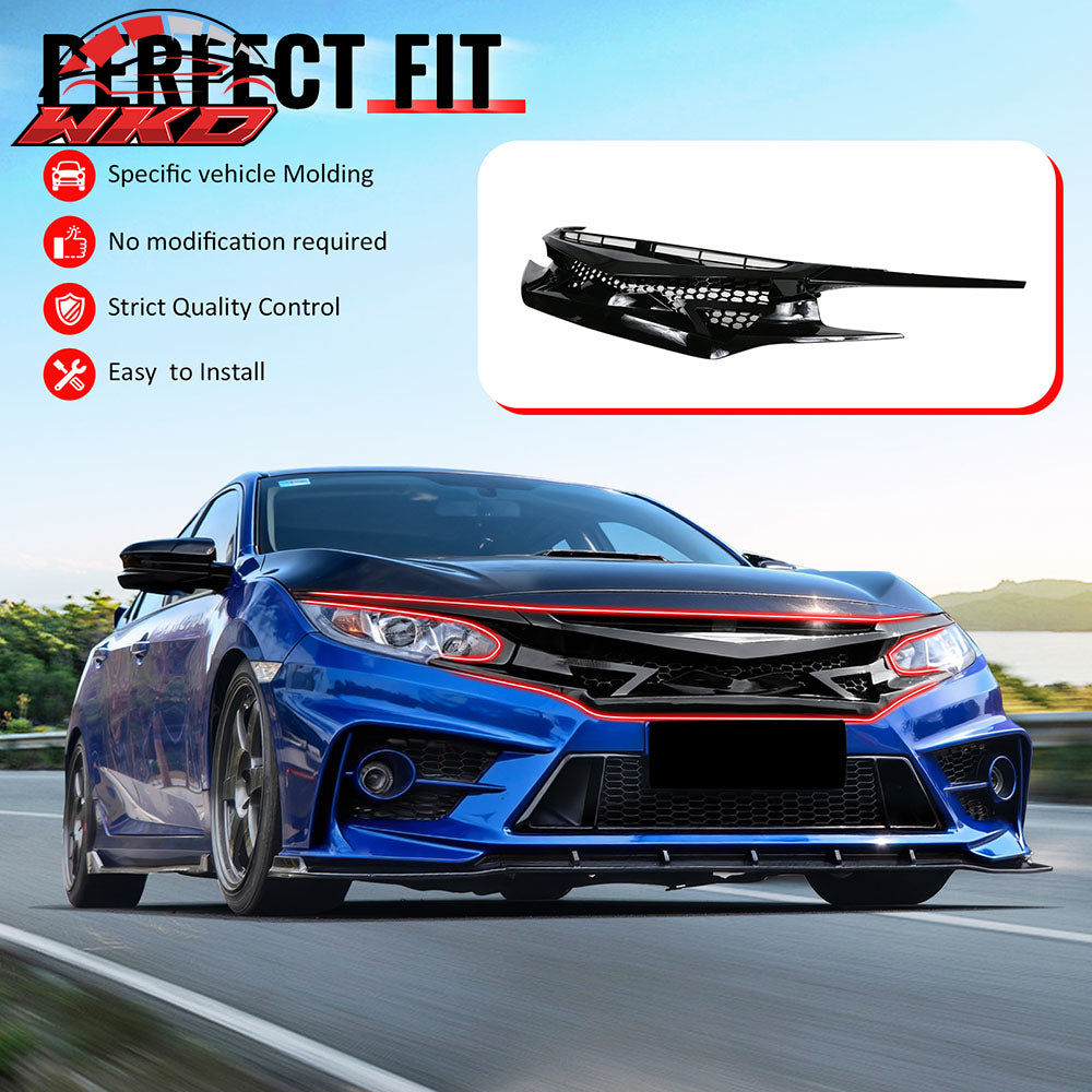 Fits 16-21 Civic 10th Gen IKON Style Gloss Black Front Hood Mesh Grille Eyebrows