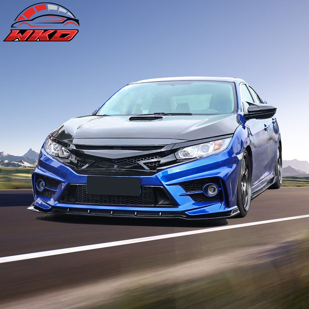 Fits 16-21 Civic 10th Gen IKON Style Gloss Black Front Hood Mesh Grille Eyebrows