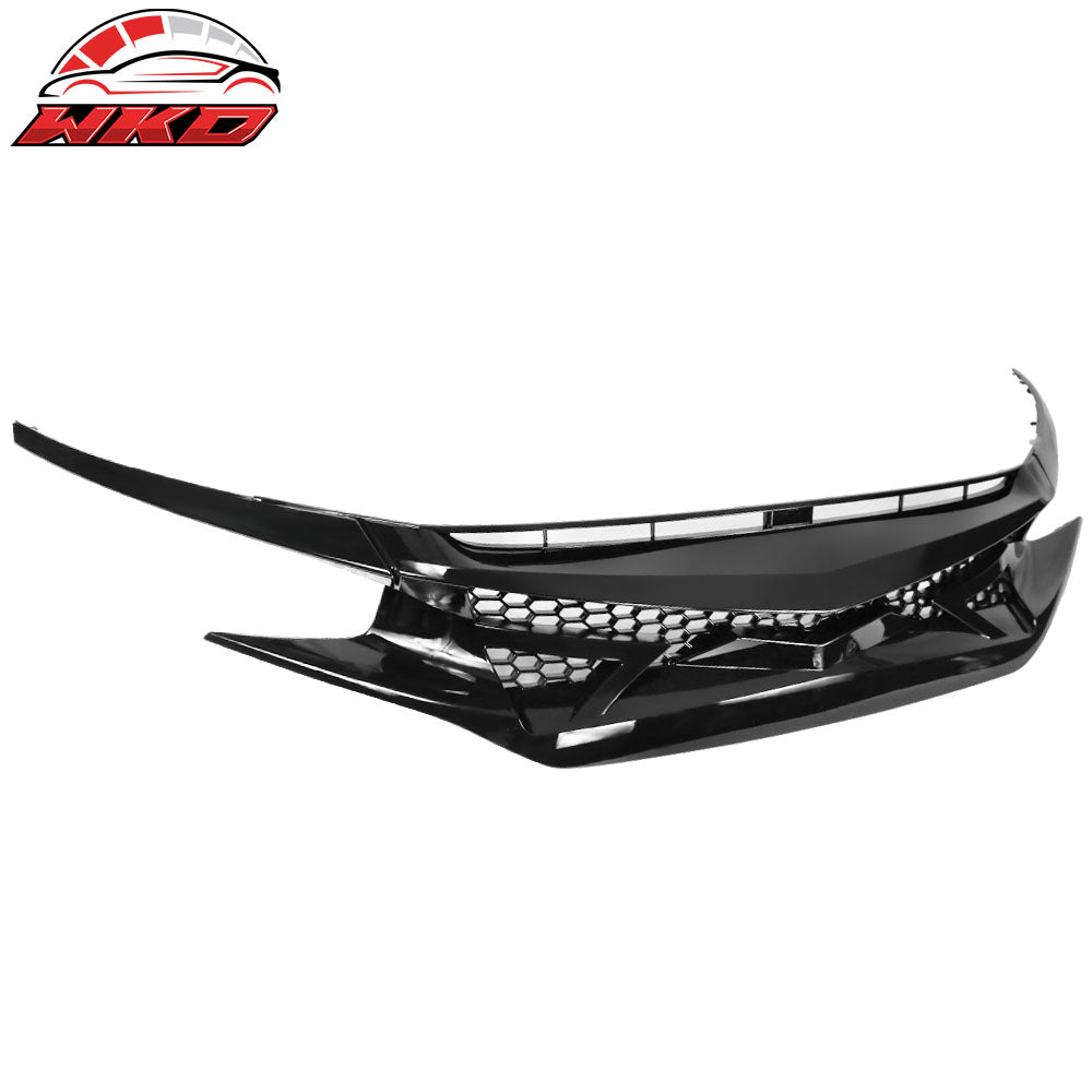 Fits 16-21 Civic 10th Gen IKON Style Gloss Black Front Hood Mesh Grille Eyebrows