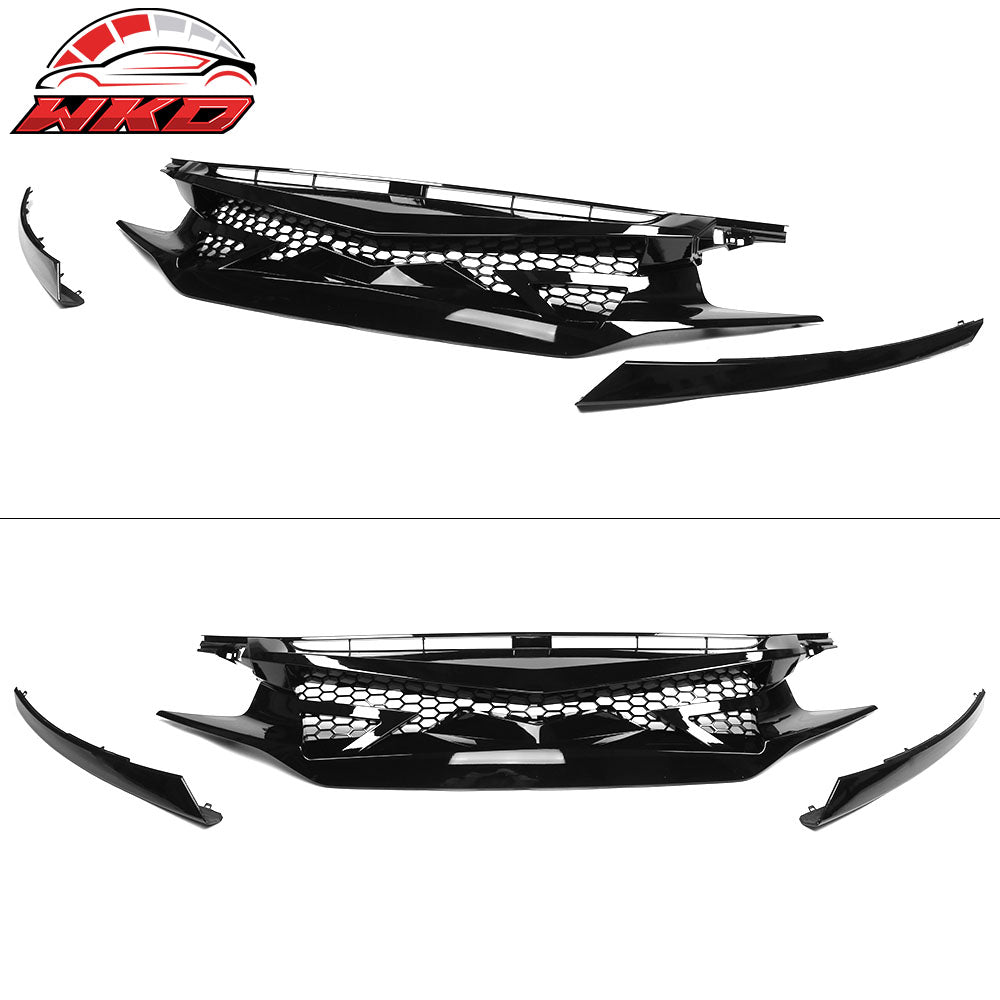 Fits 16-21 Civic 10th Gen IKON Style Gloss Black Front Hood Mesh Grille Eyebrows