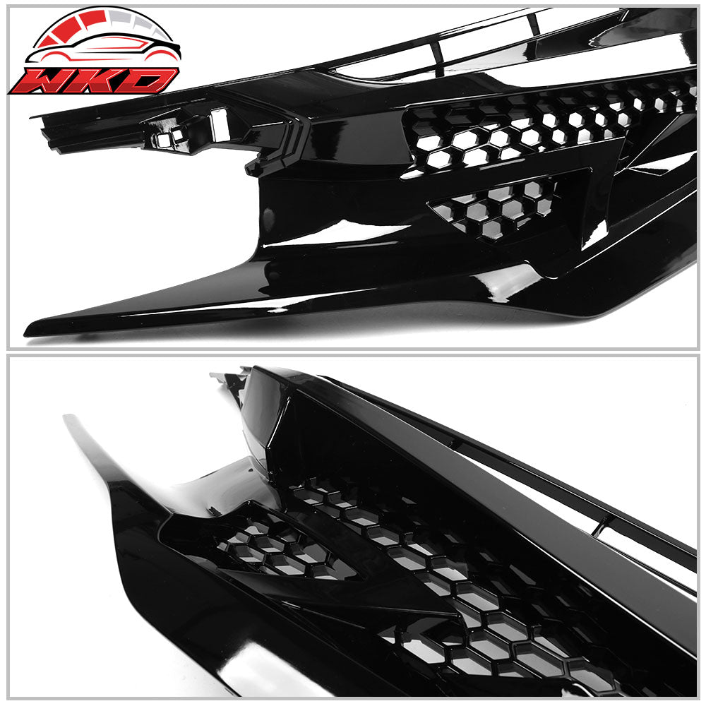 Fits 16-21 Civic 10th Gen IKON Style Gloss Black Front Hood Mesh Grille Eyebrows
