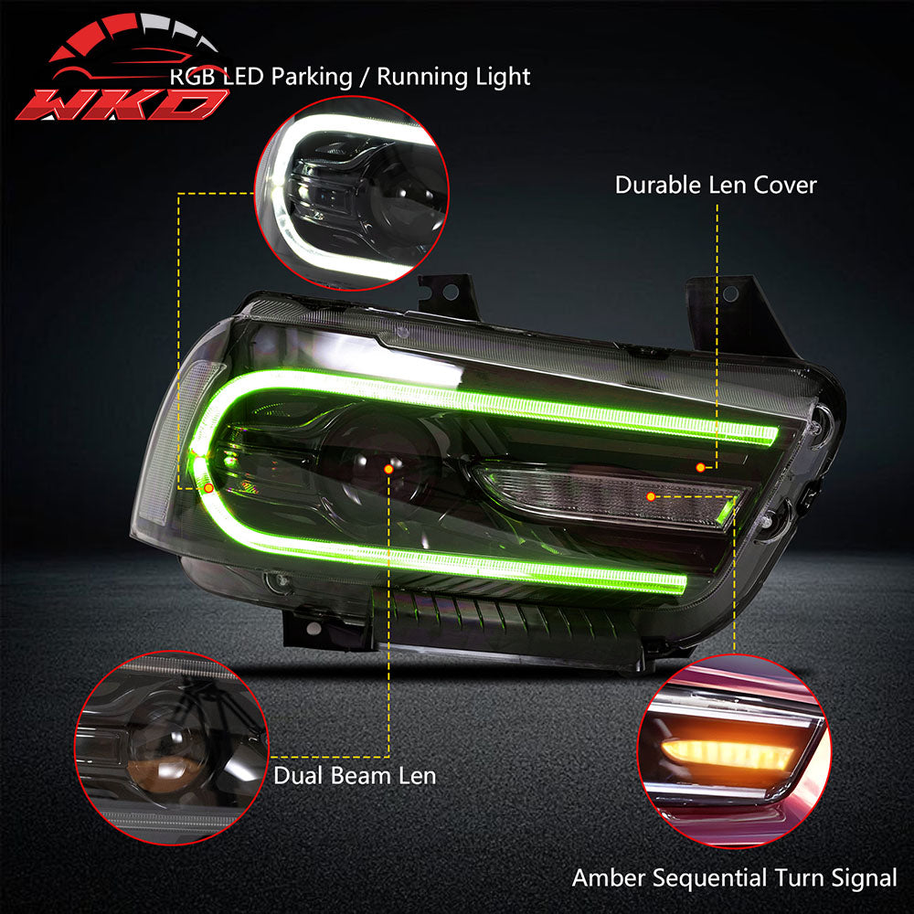 Fits 11-14 Dodge Charger Projector DRL LED Headlights Lamps w/ 8 Colors Pair