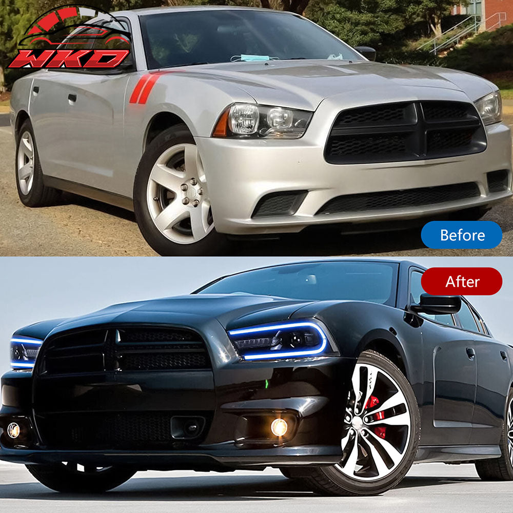 Fits 11-14 Dodge Charger Projector DRL LED Headlights Lamps w/ 8 Colors Pair