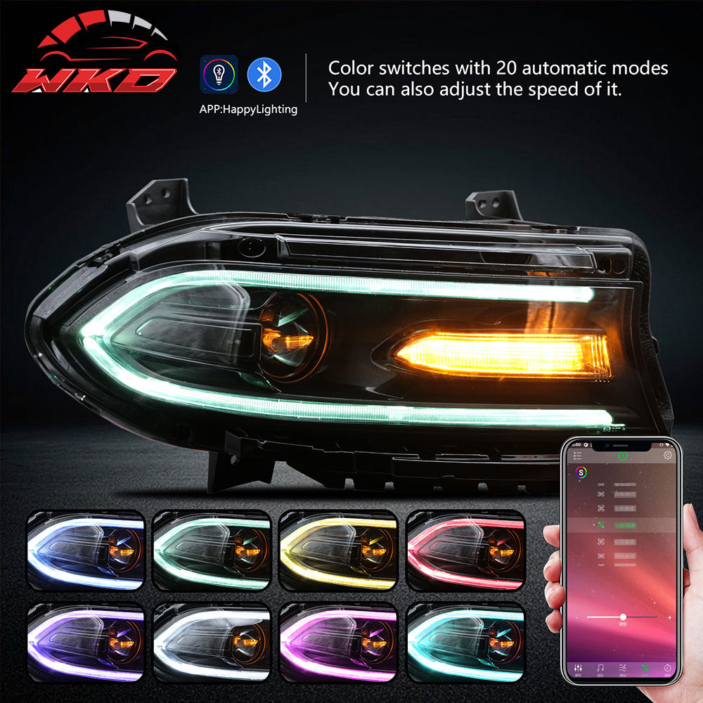 Fits 15-23 Dodge Charger Projector DRL LED Headlights Lamps Pair w/ 7 Colors