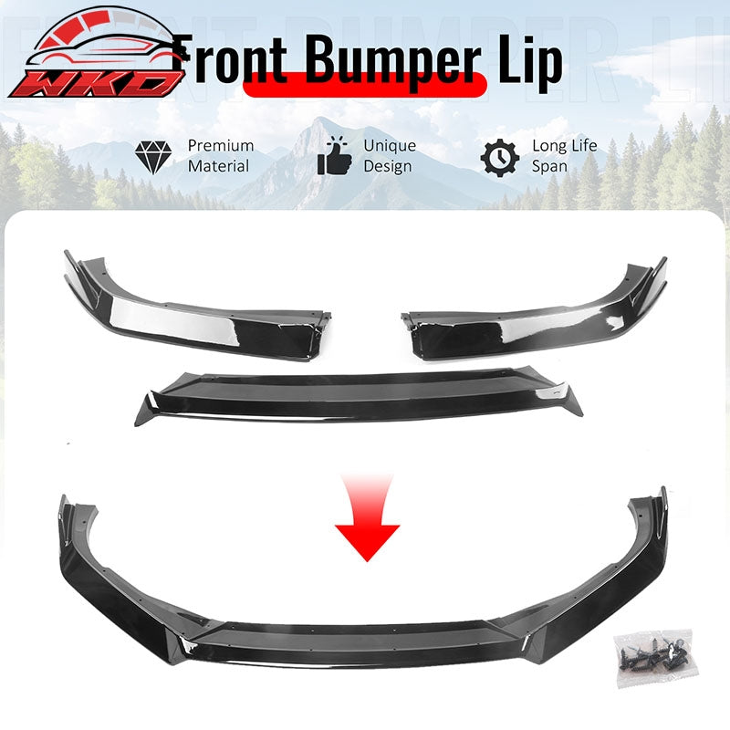 Fits 18-20 Honda Accord 10th Gen IKON V3 3PCS Front Bumper Lip PP Gloss Black