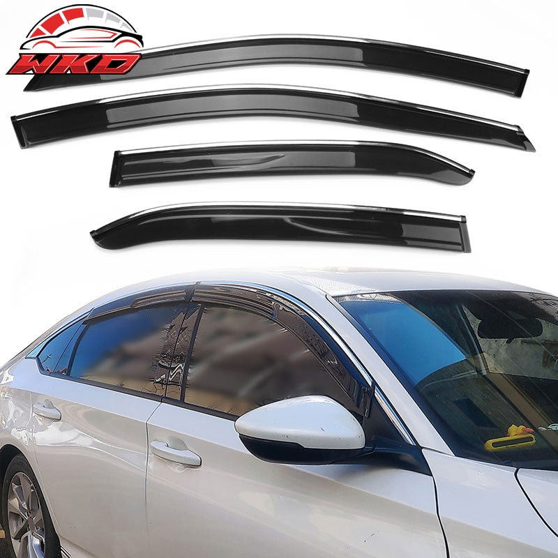 Fits 18-26 Honda Accord Mugen Style 4PCS Tape-On Window Visors W/Chrome Trim