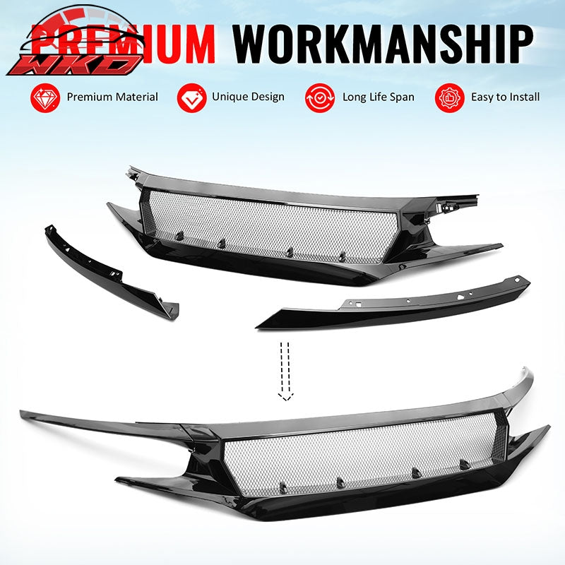 Fits 2019-2021 Honda Civic 2 & 4 Door JDM High Flow Upper Grille Gloss Black ABS