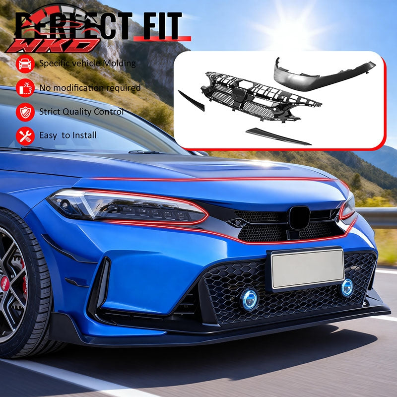 Fits 22-24 Honda Civic 4DR Sedan Varis Style Gloss Black Front Grille + Molding