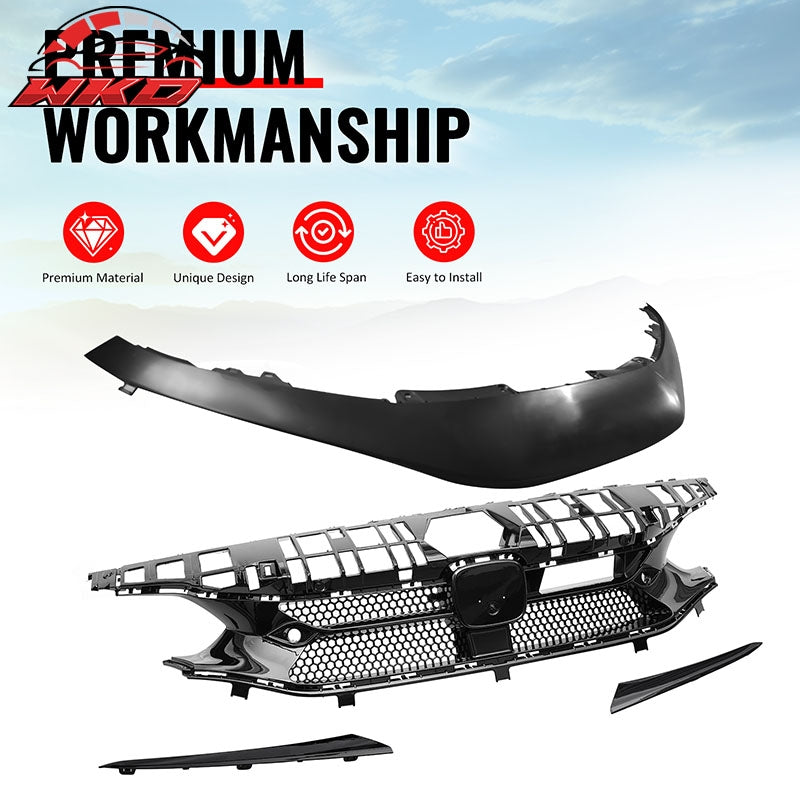 Fits 22-24 Honda Civic 4DR Sedan Varis Style Gloss Black Front Grille + Molding