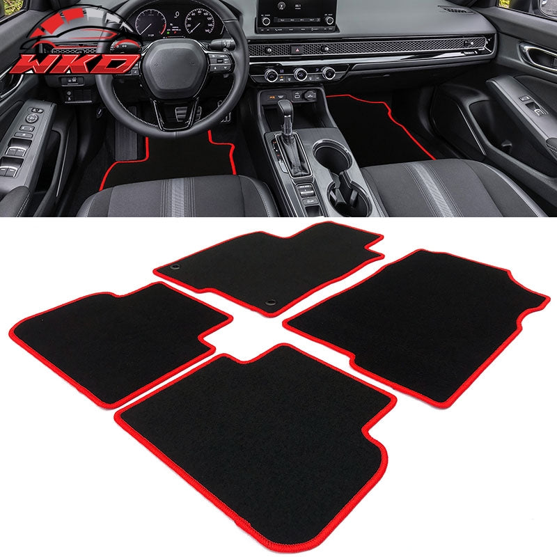 Fits 22-26 Honda Civic/Acura Integra Nylon Floor Mats Carpets Black w/ Red Edge