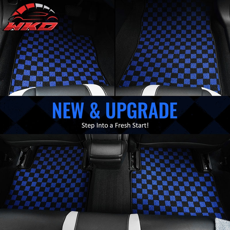 Fits 16-21 Honda Civic Anti-slip Floor Mats Checkered Carpets Black Blue Plaid