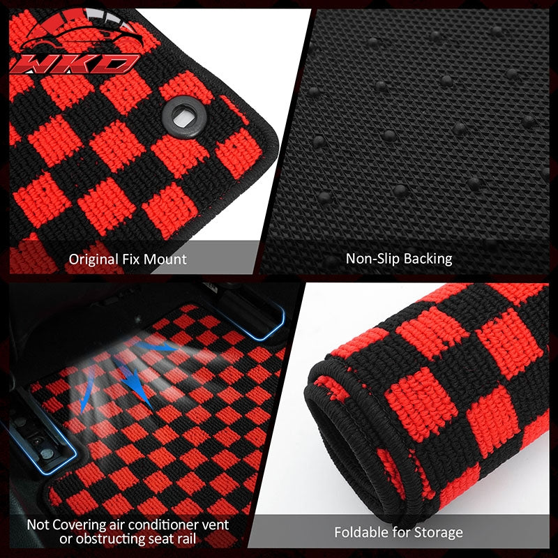 Fits 16-21 Honda Civic Anti-slip Floor Mats Checkered Carpets Black Red Plaid