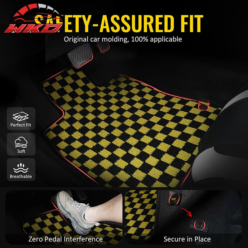 Fits 16-21 Honda Civic Anti-slip Floor Mats Checkered Carpets Black Yellow Plaid