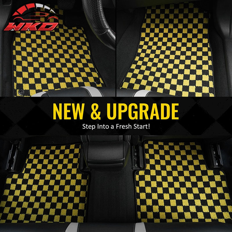 Fits 16-21 Honda Civic Anti-slip Floor Mats Checkered Carpets Black Yellow Plaid