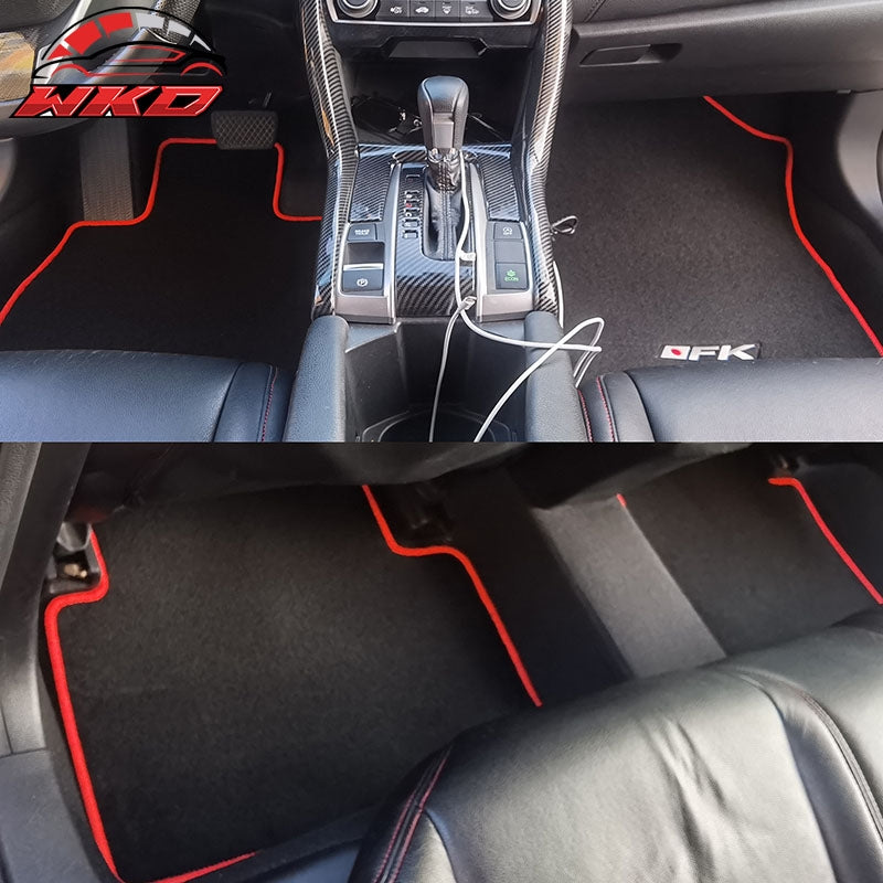 Fits 16-21 Honda Civic Floor Mats Carpet Front Rear Black Nylon W/ Red Edge & FK