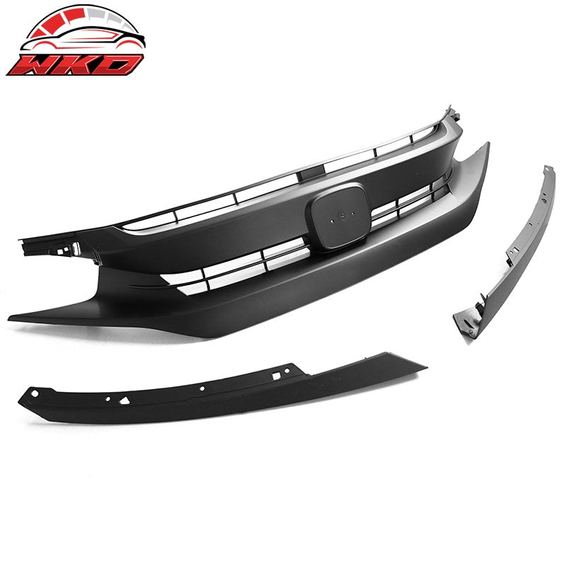 Fits 16-21 Honda Civic 10th OE Style Front Bumper Hood Grille Grill Matte Black