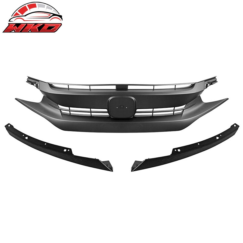 Fits 16-21 Honda Civic 10th OE Style Front Bumper Hood Grille Grill Matte Black