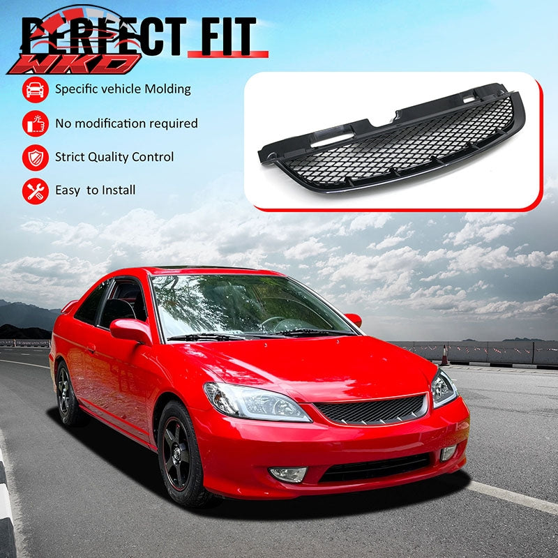 Fits 04-05 Honda Civic Front Bumper Hood Grille Mesh Upper Grill Assembly Kit