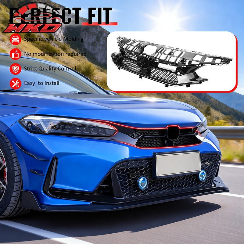 Fits 22-24 Honda Civic Hatchback & Si Varis Style Front Upper Grille Gloss Black
