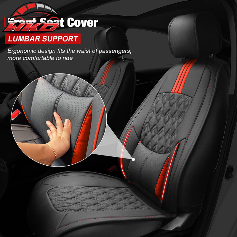 Fits 16-21 Honda Civic 5 Seats PU Leather Car Seat Covers w/ Lumbar - Black&Red