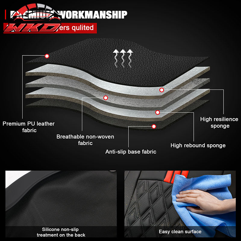 Fits 16-21 Honda Civic 5 Seats PU Leather Car Seat Covers w/ Lumbar - Black&Red