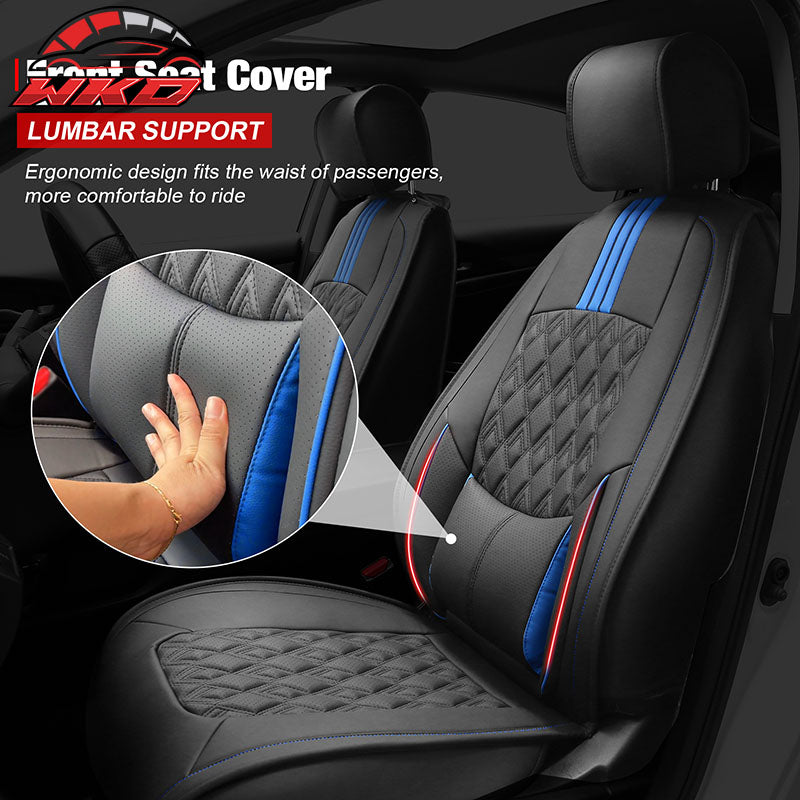 Fits 16-21 Honda Civic 5 Seats PU Leather Car Seat Covers w/ Lumbar - Black&Blue