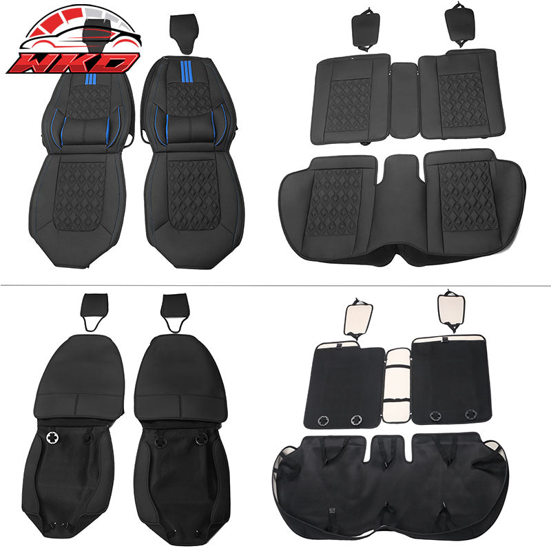Fits 16-21 Honda Civic 5 Seats PU Leather Car Seat Covers w/ Lumbar - Black&Blue