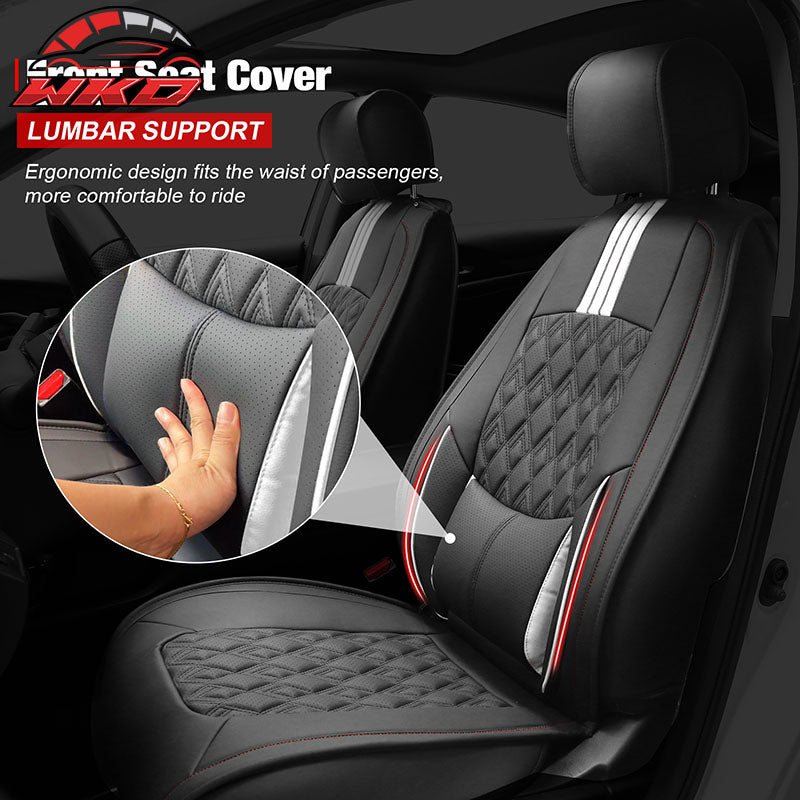 Fits 16-21 Honda Civic 5 Seats PU Leather Seat Covers w/ Lumbar - Black&White