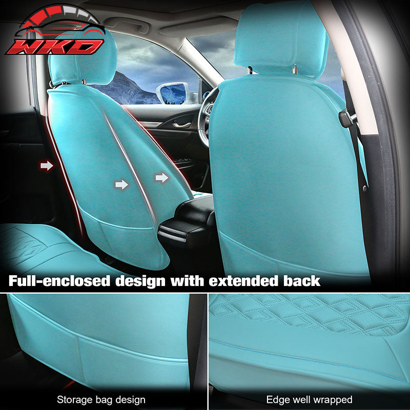 Fits 16-21 Honda Civic 5 Seats PU Leather Car Seat Covers w/ Lumbar - Cyan&White