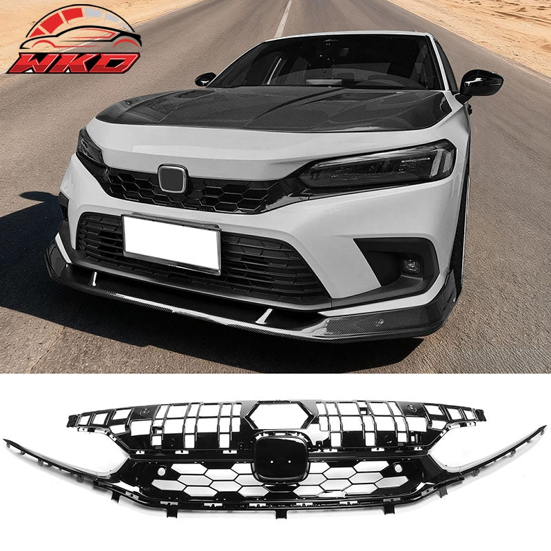 Fits 22-24 Honda Civic Sedan Si Style Front Bumper Grille Cover Trim Gloss Black