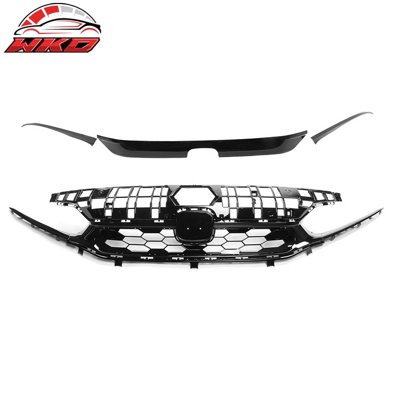 Fits 22-24 Honda Civic Sedan Si Style Front Bumper Grille Cover Trim Gloss Black