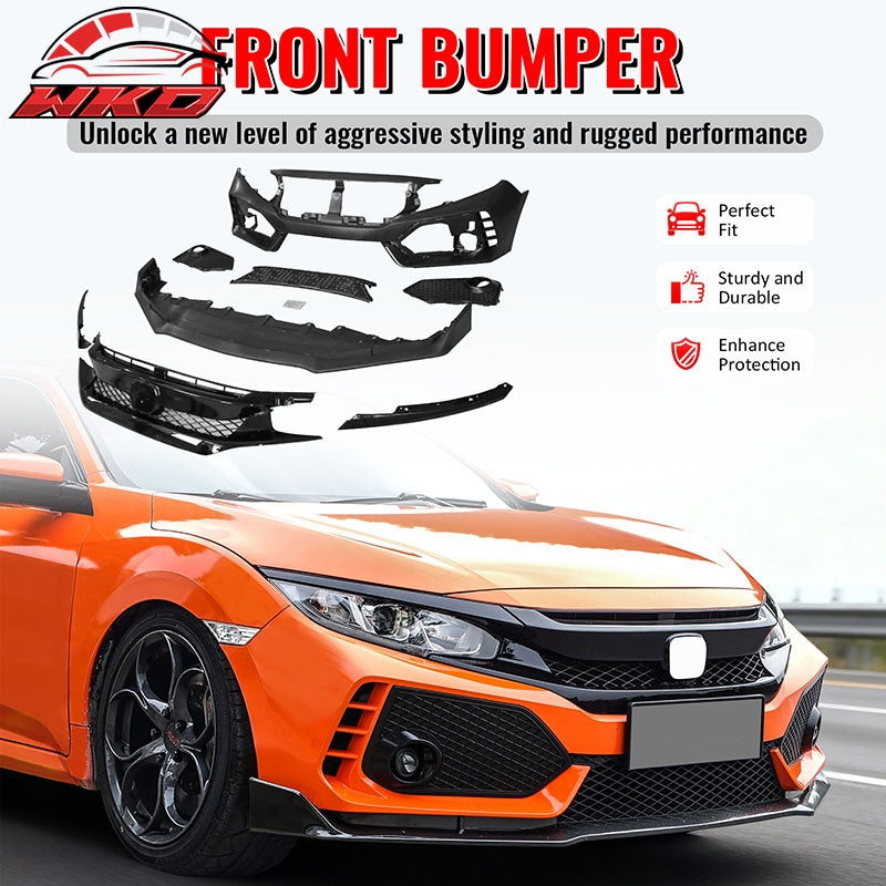 Fits 16-21 Honda Civic Sedan TR Style Front & Rear Bumper Cover W/Grille&Lip PP