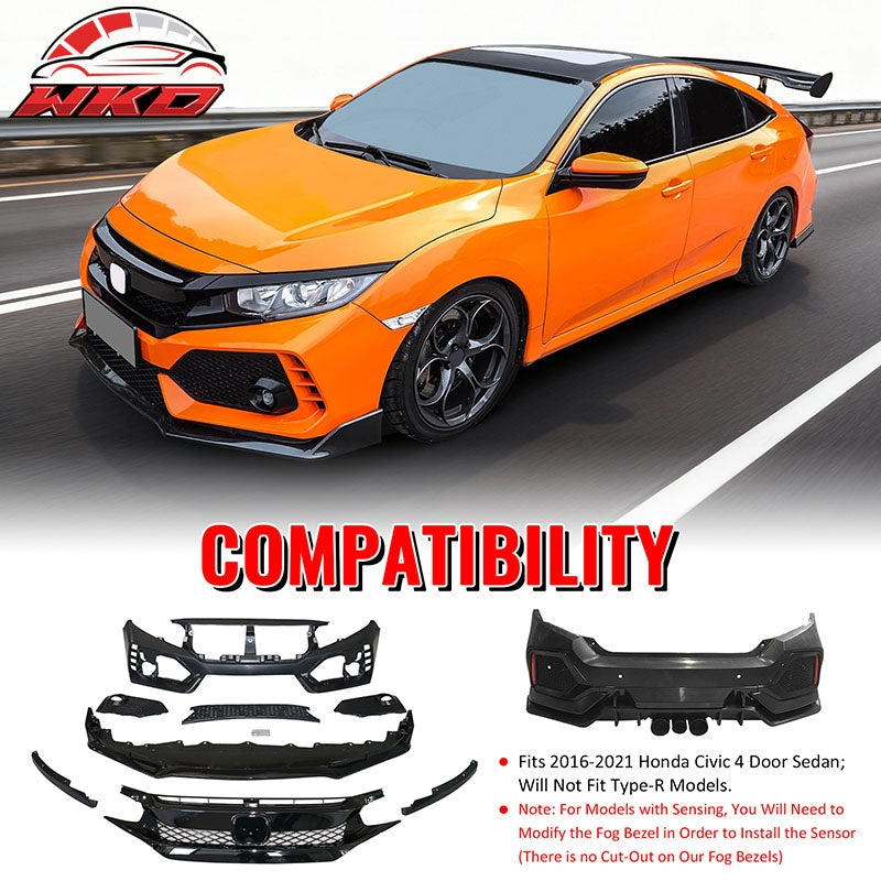 Fits 16-21 Honda Civic Sedan TR Style Front & Rear Bumper Cover W/Grille&Lip PP