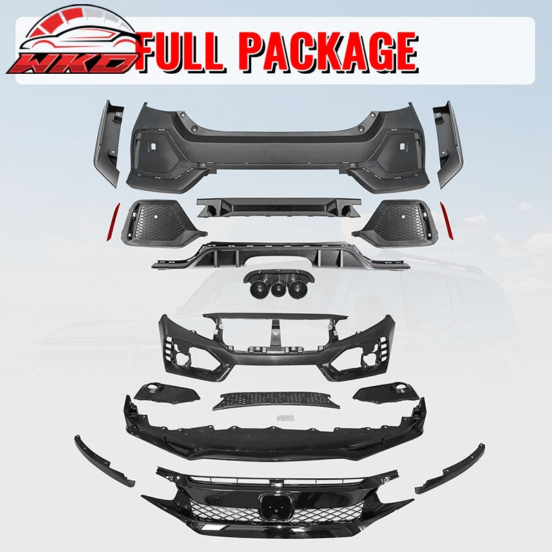 Fits 16-21 Honda Civic Sedan TR Style Front & Rear Bumper Cover W/Grille&Lip PP