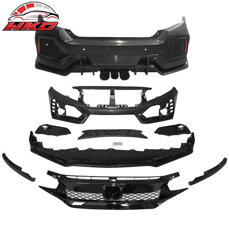 Fits 16-21 Honda Civic Sedan TR Style Front & Rear Bumper Cover W/Grille&Lip PP