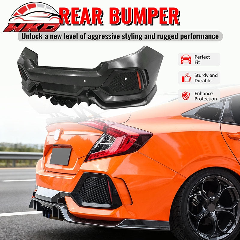 Fits 16-21 Honda Civic Sedan TR Style Rear Bumper Cover W/8PCS Fender Flares PP